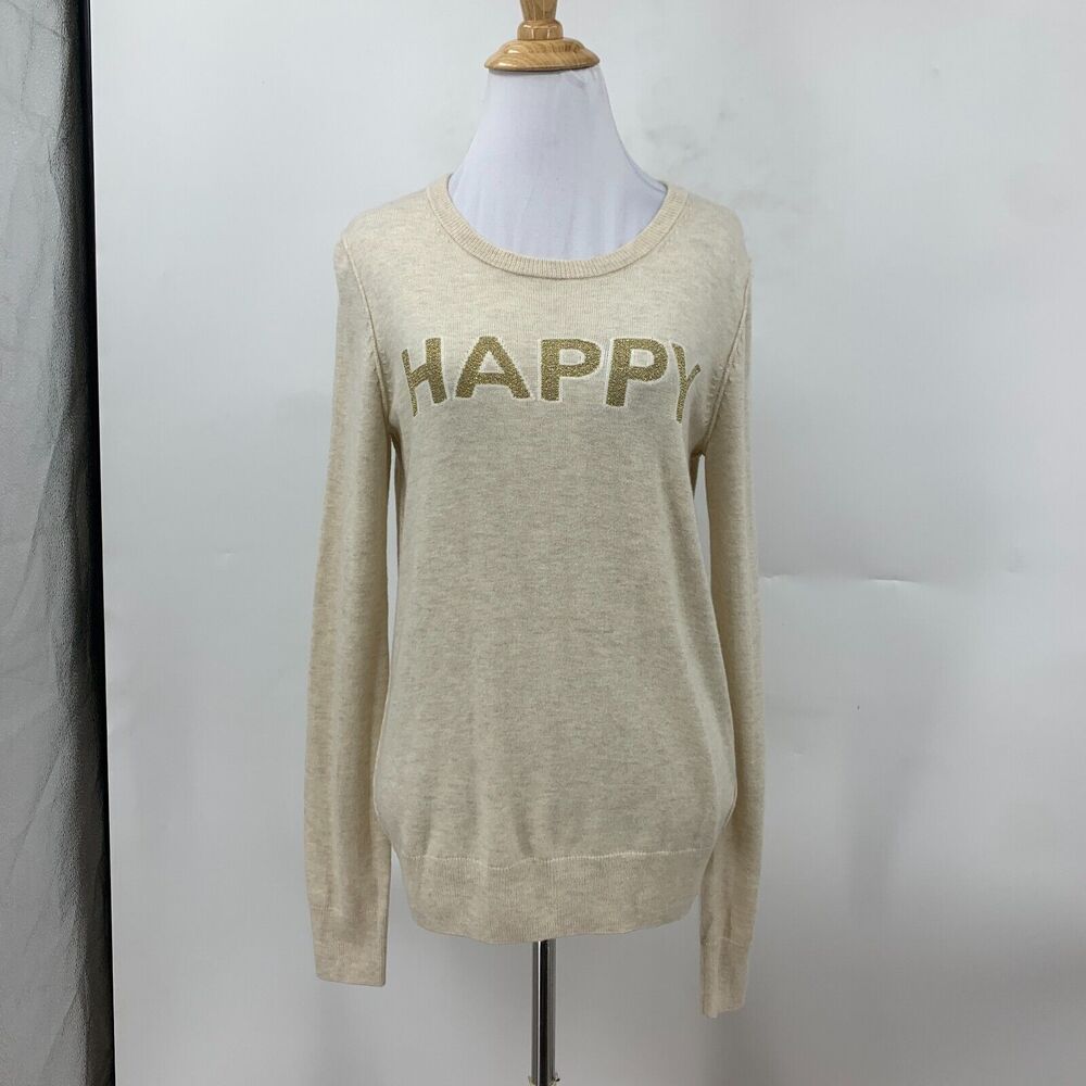 Gap Intarsia Happy Sweater Womens S Small Oatmeal Merino Wool Blend Pullover - Picture 2 of 15